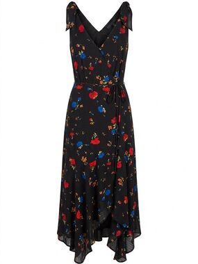The Kooples Black Floral Wrap Dress with Asymmetrical Hem